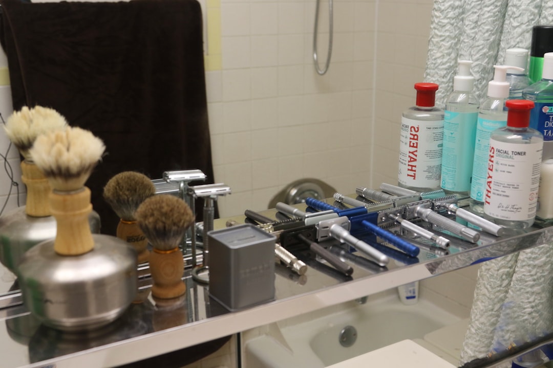 Organized bathroom vanity with hair diffuser and natural hair care products displayed