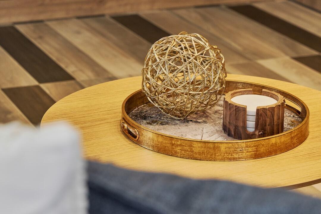 Elegant wood-grain essential oil diffuser on coffee table in modern living room